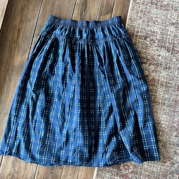 Madewell Indigo blue shibori  Plaid Women's Midi Skirt with elastic waistband M - Picture 2 of 4